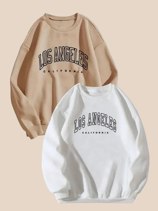 VELOMI Women’s Los Angeles Sweatshirt Combo – Casual Pullover Set in White & Orange, Long Sleeve Crewneck