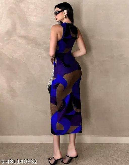Classy Women's Party Wear Dress/Steeveless Blue Printed One-Piece / Elegant Evening Outfit
