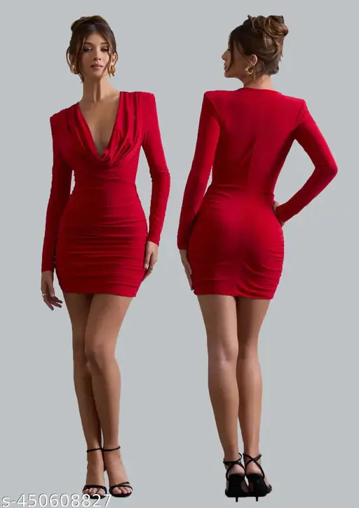 full sleeve mid length short dress for women