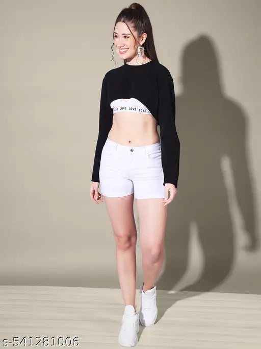 Black Solid Round Neck Stylish Women Bust Crop Top