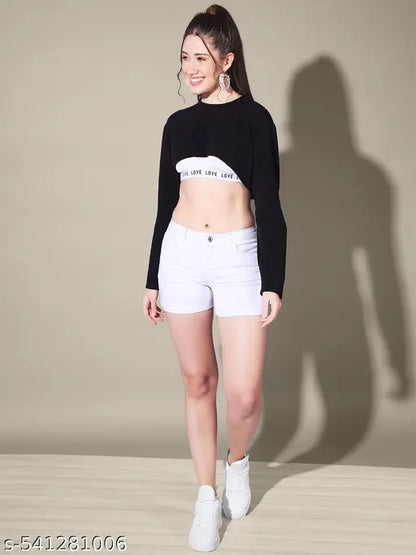 Black Solid Round Neck Stylish Women Bust Crop Top