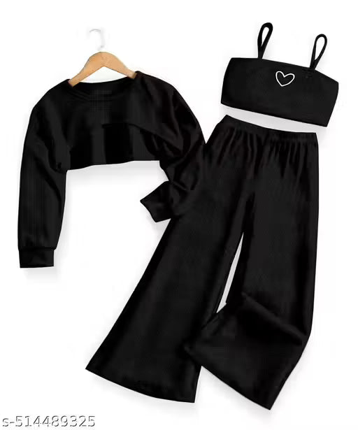 Girl's 3 Piece Heart Print Cami Top Long Sleeve Round Neck High Low Hem Top and Wide Leg Pants Sets |