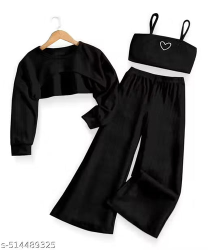 Girl's 3 Piece Heart Print Cami Top Long Sleeve Round Neck High Low Hem Top and Wide Leg Pants Sets |