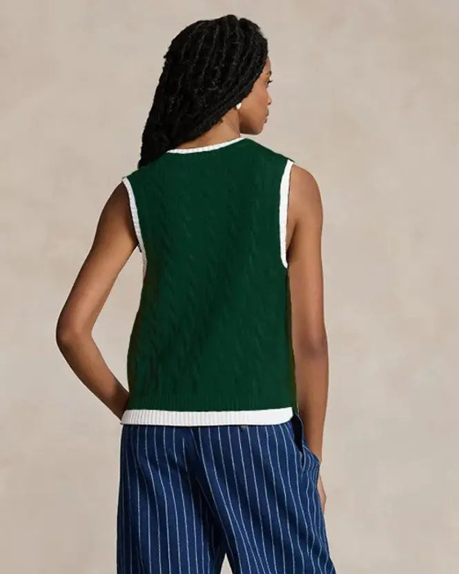 Striped Trim Cable Knit Sweater Vest Without Blouse