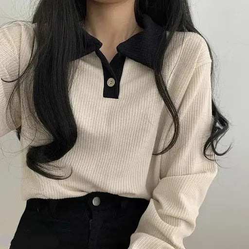 VELOMI Women’s Korean Style Polo T-Shirt – Long Sleeve Casual Summer Top with Stylish Design