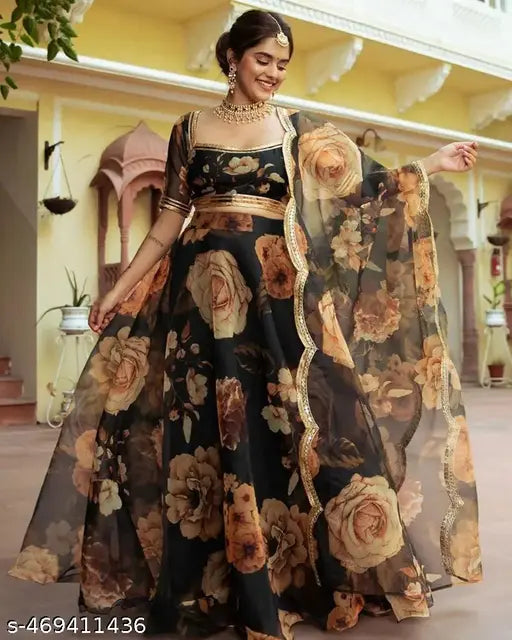 VELOMI Black & Rose Gold Floral Print Lehenga Choli – Elegant Party & Festive Wear
