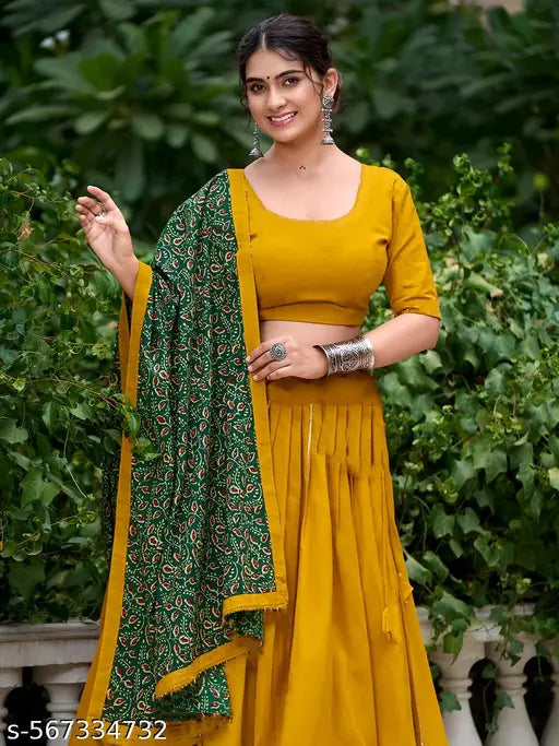 VELOMI Women’s Festive Lehenga Choli – Yellow Cotton Rayon with Bandhani Dupatta