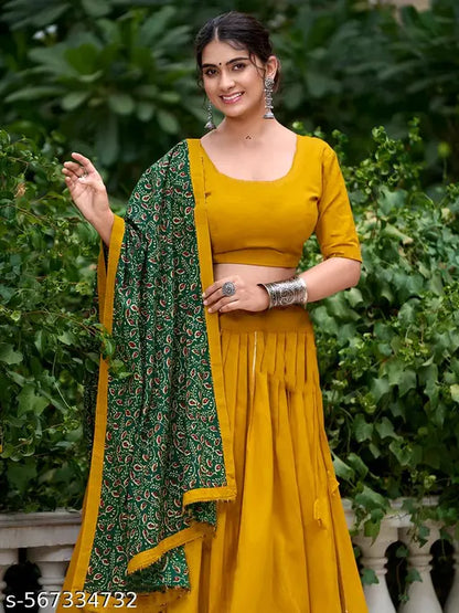 VELOMI Women’s Festive Lehenga Choli – Yellow Cotton Rayon with Bandhani Dupatta