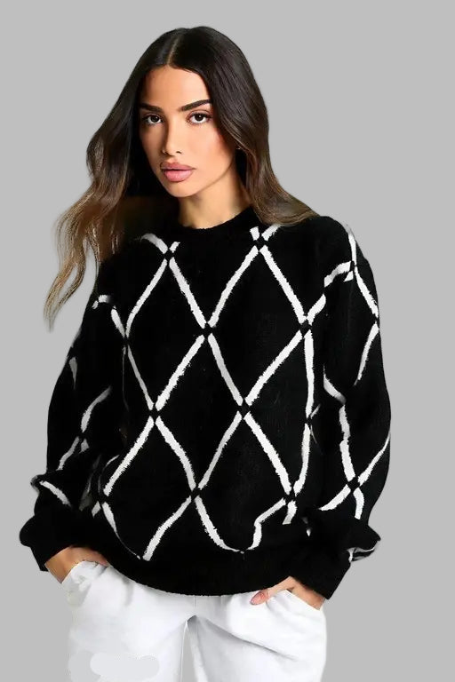 VELOMI Women’s Vintage Bachrach Sweater – Preppy Argyle Diamond Knit, White & Black, Designer Style
