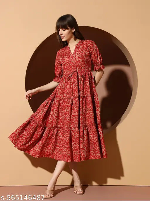VELOMI Women’s Tiered Fit & Flare Midi Dress – Floral Print Casual & Festive Wear