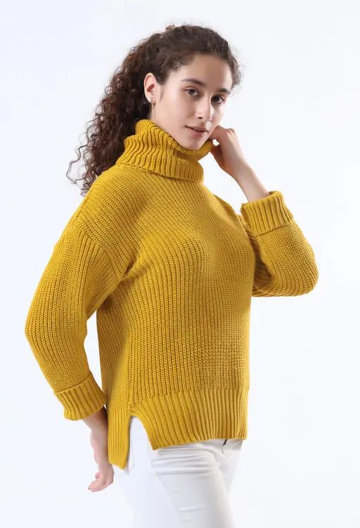 Chunky Ribbed Mustard Turtleneck in Pure Merino Wool – Vintage Sweater for Women