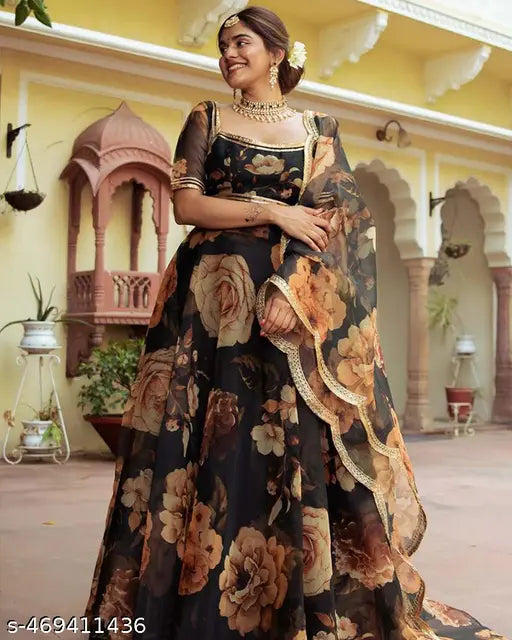 VELOMI Black & Rose Gold Floral Print Lehenga Choli – Elegant Party & Festive Wear