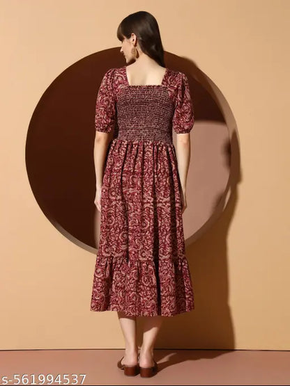 OTABU Women’s Floral Print Smocked Midi Dress – Square Neck, Short Sleeve Casual Outfit