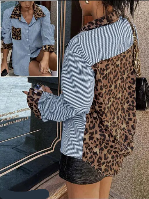 Women’s Casual Loose Leopard & Stripe Contrast Shirt – Trendy Autumn/Winter Essential