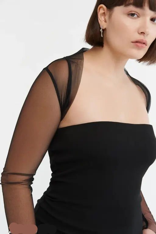 VELOMI Women’s Black Mesh Cropped Bolero – Long Sleeve Shrug & Cocktail Cover-Up