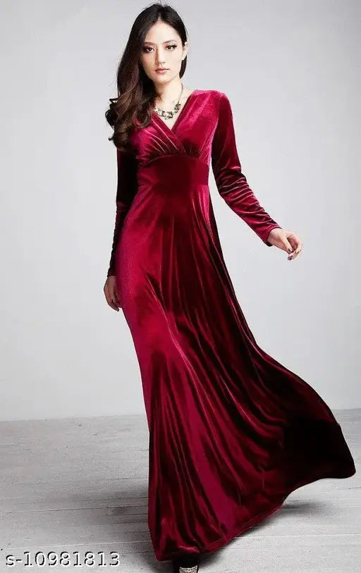 Maroon V-Neck Velvet Long Dress Long Dress