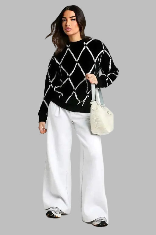 VELOMI Women’s Vintage Bachrach Sweater – Preppy Argyle Diamond Knit, White & Black, Designer Style