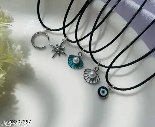 Set of 5 Aesthetic Trendy Silver Plated Charm Black Cord Pendant Necklace For Women And Girls | Accessories | Gift | Korean | Minimal | Neckpiece | Aesthetic Jewellery | Trendy Silver Dreamy Necklaces | Adjustable Sizing