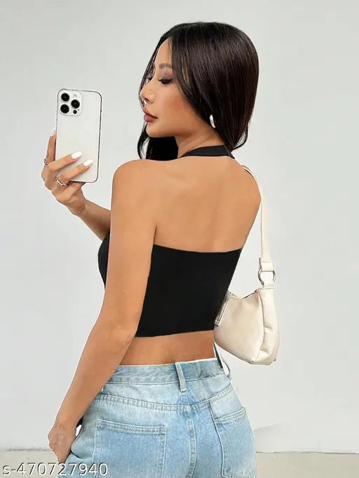 Solid Halter Neck Y2K Crop Top For Women