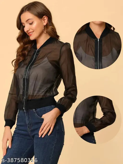 Zip Up See Through Lightweight Long Sleeve Mesh Bomber Jacket