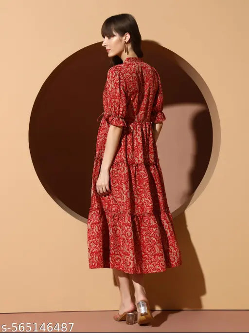 VELOMI Women’s Tiered Fit & Flare Midi Dress – Floral Print Casual & Festive Wear
