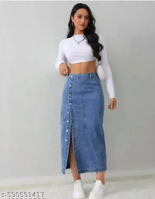 Blue Denim Midi Skirt for Women | High Waist Button Front Skirt | Casual Long Jean Skirt