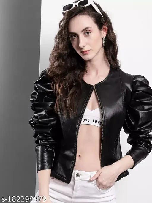 VELOMI Women’s Stylish PU Leather Jacket – Bold Puff Shoulder Trend