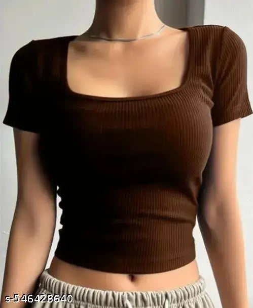 Trendy Crop Top, Ribbed Square Neck Top, Short Sleeve Top for Women, Combo Top for Girls, Maroon Black Top, Western Wear Tops, Stretchable Crop Top, Stylish Women Top, Casual Combo Top, Partywear Top