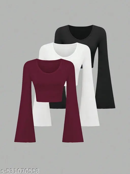Women's Long Flared Bell Sleeve Crop Top Tees | T-shirt For Women And girls Combo Pack Of 3 Pcs.