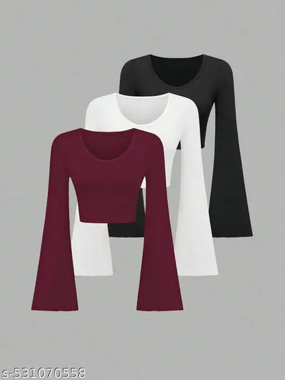 Women's Long Flared Bell Sleeve Crop Top Tees | T-shirt For Women And girls Combo Pack Of 3 Pcs.