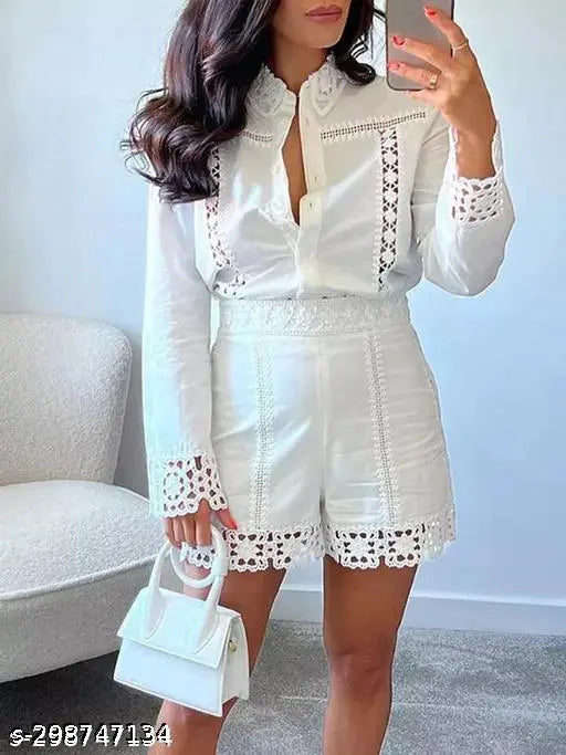 Vintage-Inspired Women's Cotton Lace Set - White