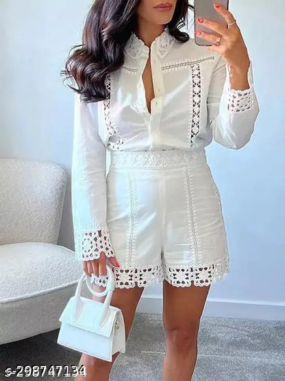 Vintage-Inspired Women's Cotton Lace Set - White