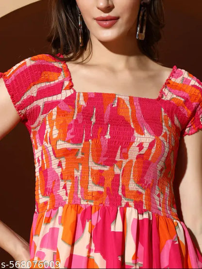 VELOMI Abstract Print Fit & Flare Dress – Effortless Chic with Smocked Bodice