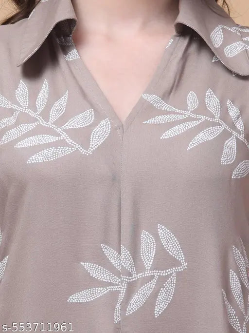 VELOMI Taupe & White Leaf Print Collared A-Line Dress – Elegant Everyday Chic