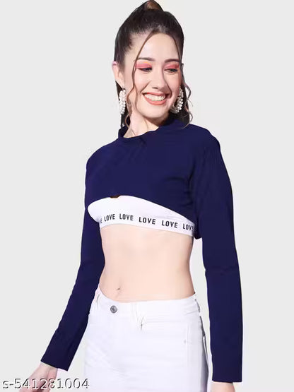 Black Solid Round Neck Stylish Women Bust Crop Top