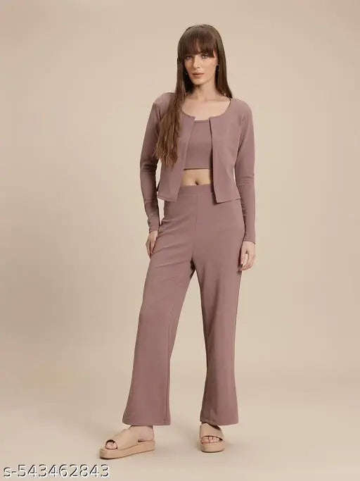 VELOMI Women’s Solid Co-Ord Set – Crop Top, Blazer & Pant (Premium 3-Piece)