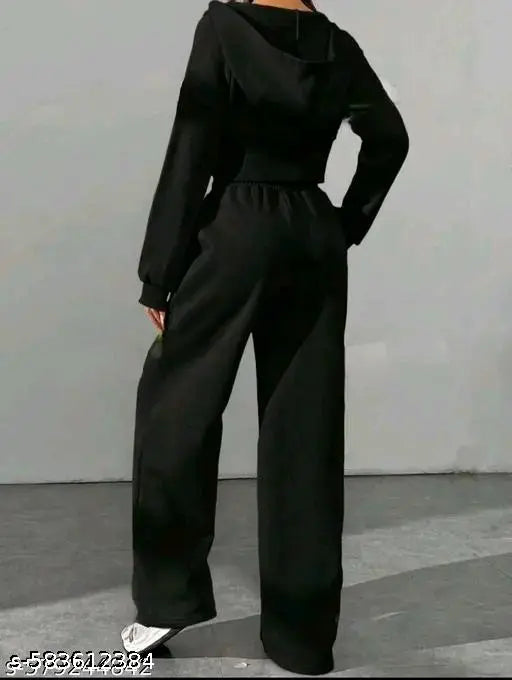 Trendy Black Co-ord Set for Women – Zip-Up Hoodie & Wide-Leg Joggers