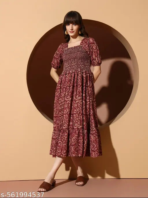 OTABU Women’s Floral Print Smocked Midi Dress – Square Neck, Short Sleeve Casual Outfit