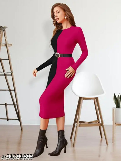 CRISPIN Women's New Full Sleeve Round Neck Stretchable Knee Length Trending Western One Piece.