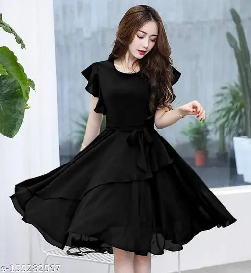 VELOMI Solid Black Georgette Dress – Chic Knee-Length Confidence