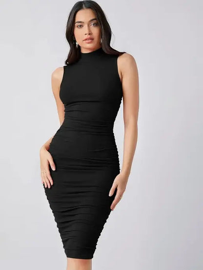 VELOMI Elegant Black Sleeveless Bodycon Midi Dress for Women – Chic Party & Evening Wear