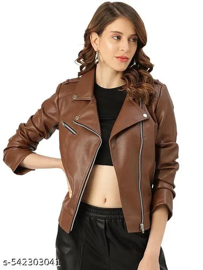 VELOMI Stylish Light Brown PU Jacket – Classic Biker Cut for Women