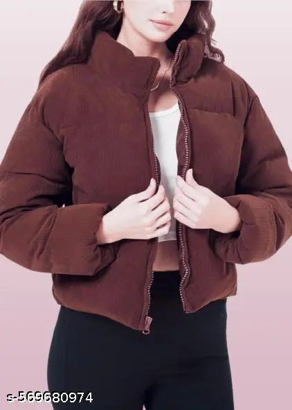 VELOMI Brown Corduroy Puffer Jacket – Stylish Solid Winter Layer for Women