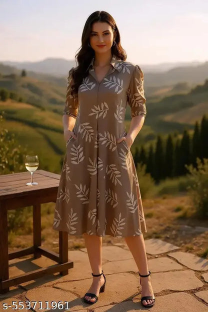 VELOMI Taupe & White Leaf Print Collared A-Line Dress – Elegant Everyday Chic
