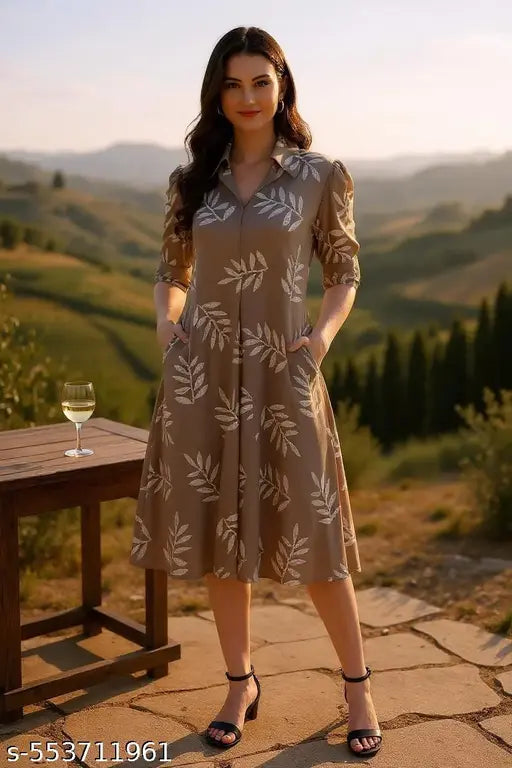 VELOMI Taupe & White Leaf Print Collared A-Line Dress – Elegant Everyday Chic