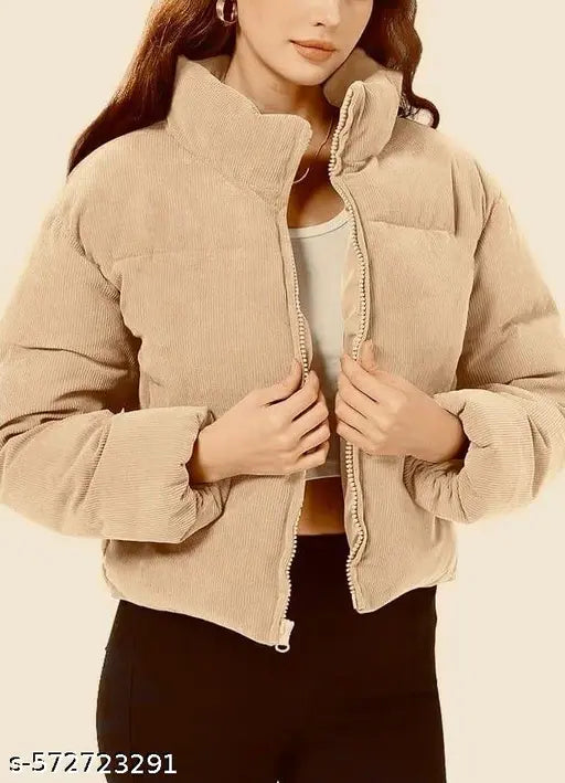 VELOMI Women’s Cream Striped Corduroy Crop Puffer Jacket – Cozy Winter Trend