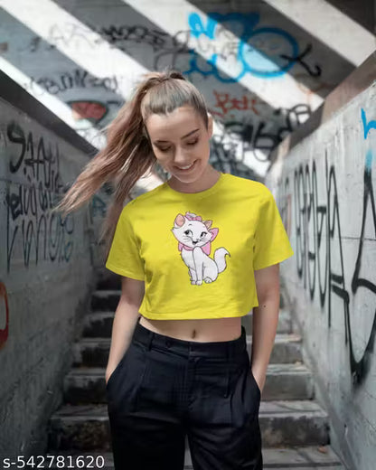 Trending Printed Crop Top for Women - Stylish Cotton Blend Short T-Shirt, Cute Animal Graphic Tee, Casual Streetwear Fashion Party Wear Daily Wear Summer Short Sleeve Crop Top Oversize Trendy Cartoon Print Top For Girls