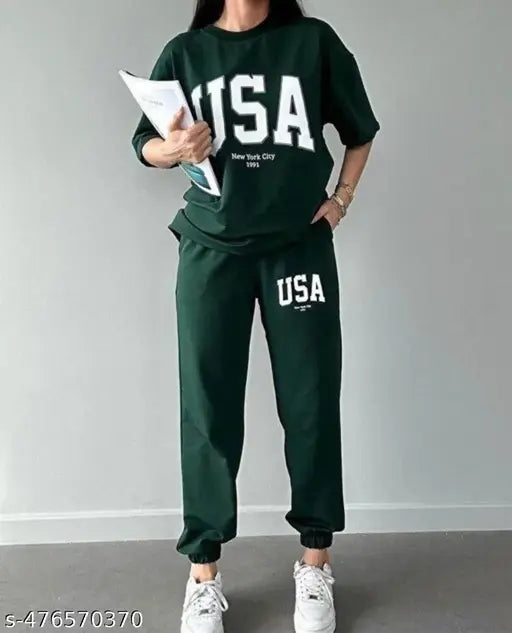 Round Neck Half Sleeve Pretty Glamorous Women Top & Bottom Sets ( Green)