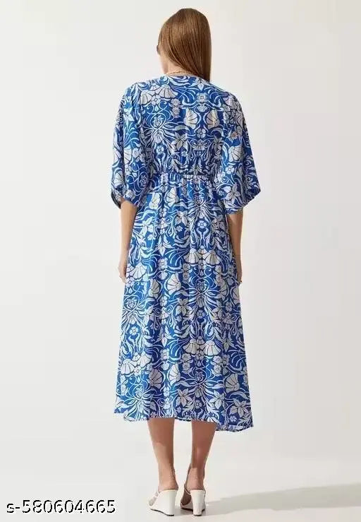 DRINETRA midi western dress for women Floral Printed V-Neck Flared Sleeve Maxi Dress