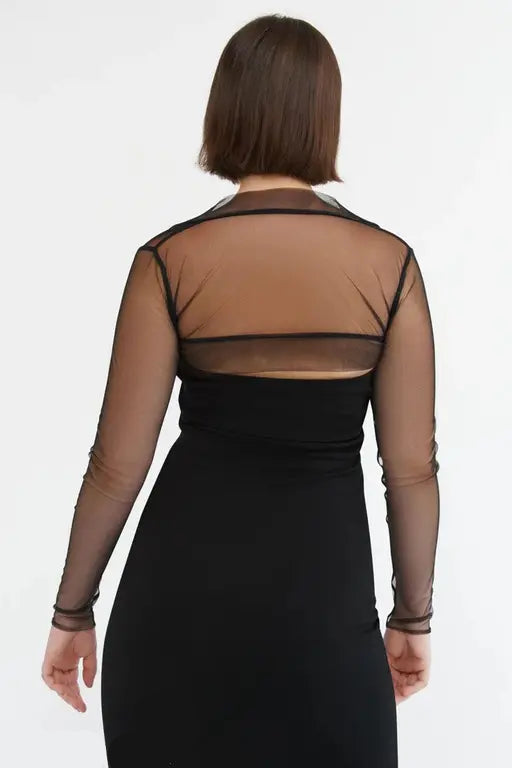 VELOMI Women’s Black Mesh Cropped Bolero – Long Sleeve Shrug & Cocktail Cover-Up